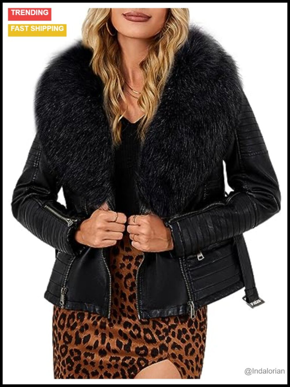 Women's Faux Leather Moto Jacket Sherpa-Lined Coat with Removable Fur Collar